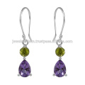 Boucles d&#39;oreilles en argent sterling 925 en pierres précieuses améthyste et peridot